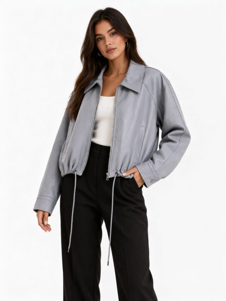 Oversized bomberjack PU leder pastelblauw