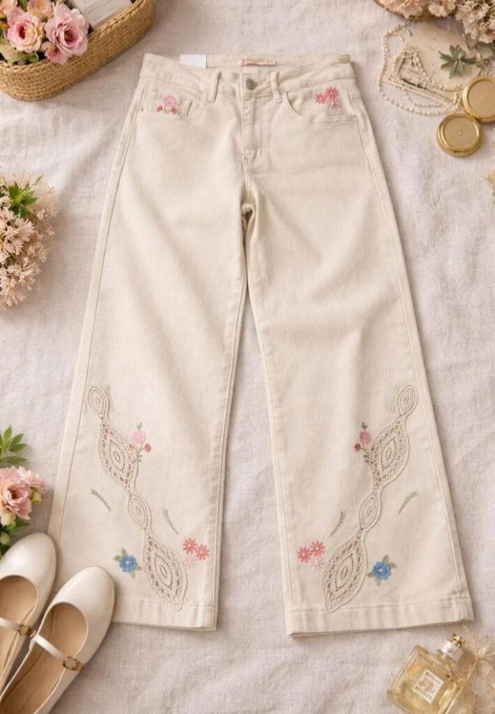 Wide-leg beige jeans