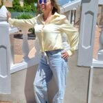 jeans dad fit met gele strass broekzakken