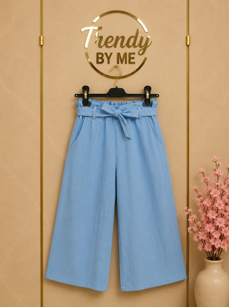 Wide Leg Broek met Strikceintuur Linnen Blauw