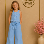 Wide Leg Broek met Strikceintuur Linnen Blauw