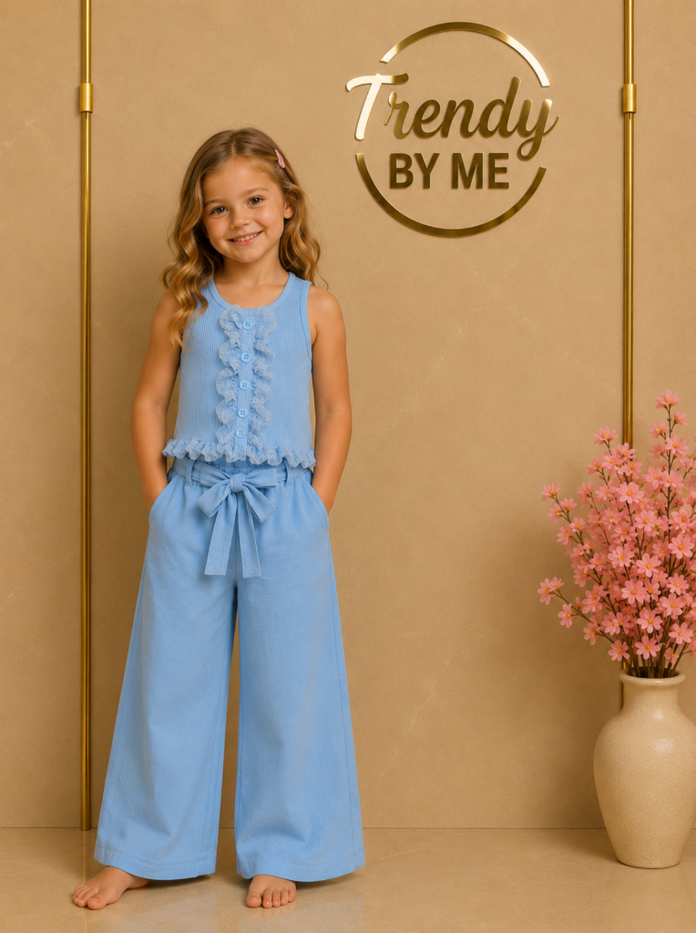 Wide Leg Broek met Strikceintuur Linnen Blauw