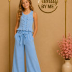 Wide Leg Broek met Strikceintuur Linnen Blauw